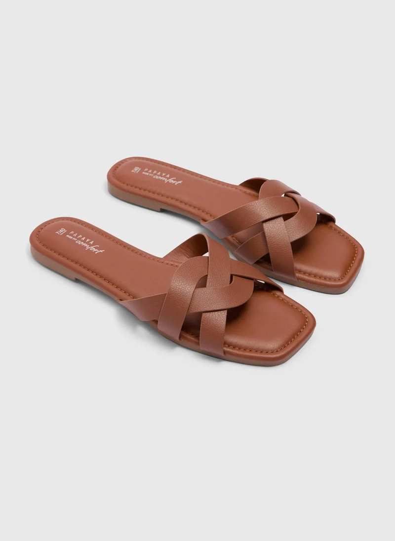 Matalan Tan Wide Fit Weave Strap Mule Sandals